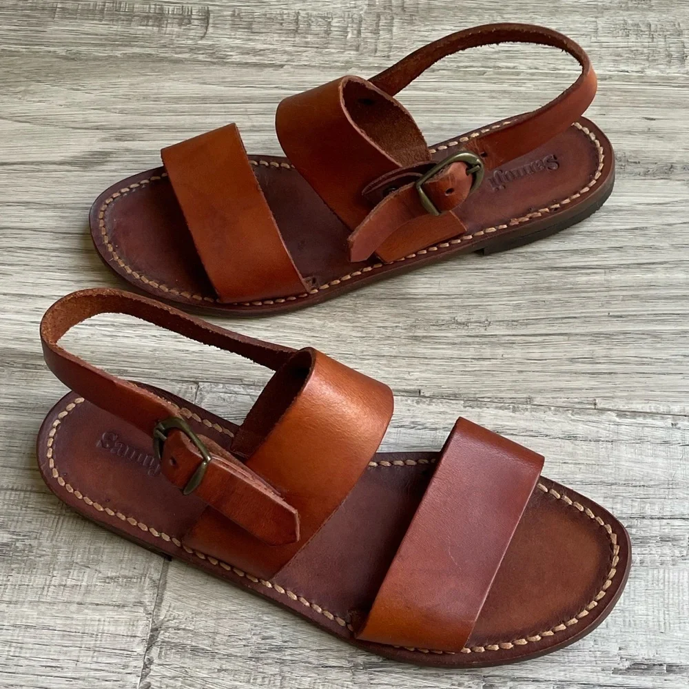 Samuji Leather 2 Strap Sandal W/Heel Strap Adjustable Buckle Closure Brown SZ 6